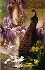 Famous Garden Paintings - A Peacock and Doves in a Garden
